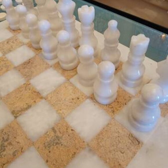 Handmade Staunton Gold & White Marble 15" Chess Board Game Set - Picture 6 of 9